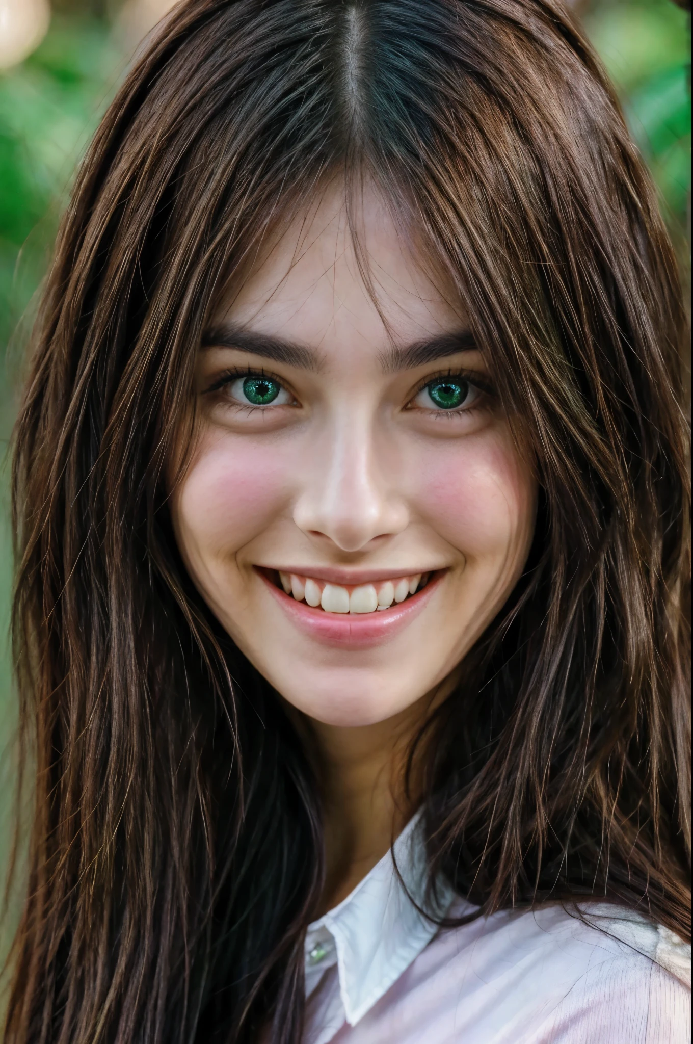 Beautiful brunette, laughing, green eyes, long hair, front face