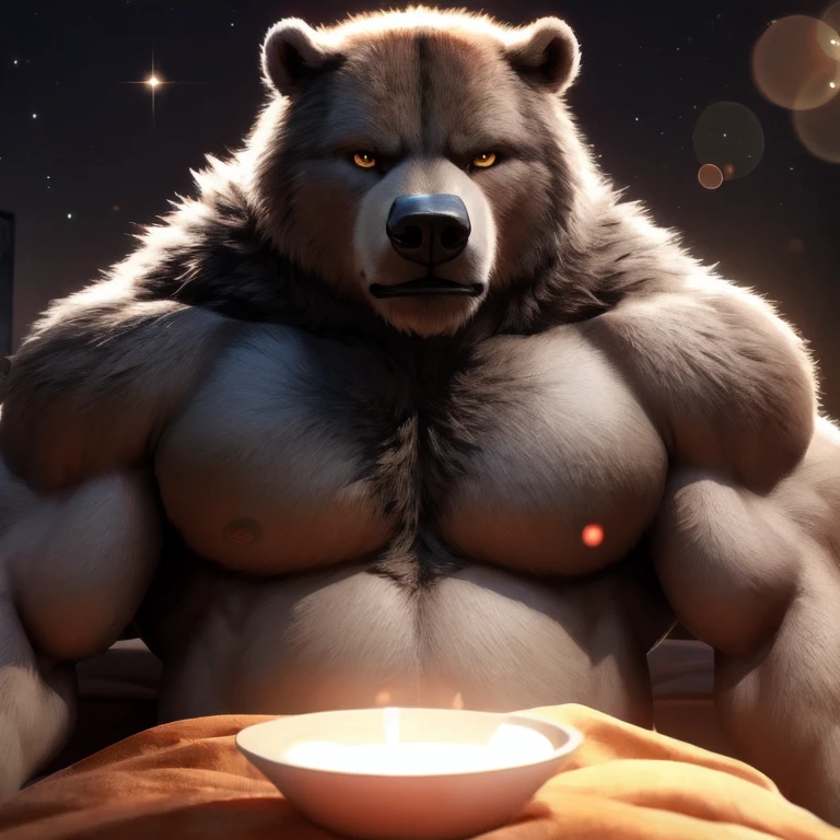 3D render, male, solo, werebear, full body, beefy, Muscle, Delicate face, Delicate eyes, realistic, masterpiece, highest quality, lens flare, unreal engine, trending on ArtStation, Intricate, High Detail, dramatic, realism, realistic, sitting, bara, big_muscle, furry, night, bed, looking_at_viewer, yellow_eyes, detailed eyes, detailed body, detailed face, bright room, expressive, masculine, erotic, devilish smirk) musclegut