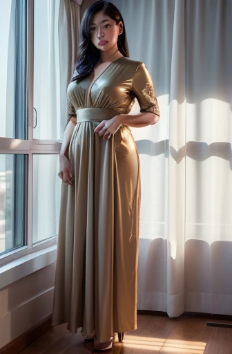 40 year old asian woman, fat, big thighs, silk long dress, thin heels, latex boots, standing in hotel room next to window long curtains, (masterpiece:1.2) (photorealistic:1.2) (best quality) (intricate details) (8K) (high poly) (ray tracing), (sharp focus), (natural skin textures), ((full body shot)),