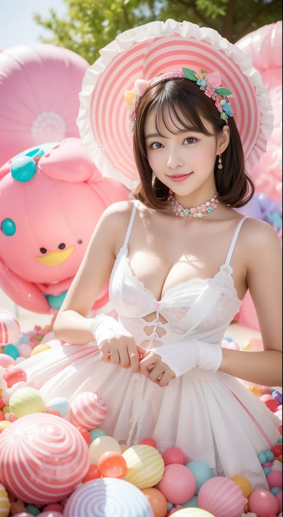 Fashion: Dress up in a colorful ensemble reminiscent of candy wrappers, Bright pastel cleavage and playful accessories、Colossal tits、sixteen years old. 2. Pose: Pose whimsically while holding a giant lollipop, Show off a carefree and fun attitude. 3. Background: Pose in front of a candy-themed background filled with oversized candies, cotton candy clouds, and Candy Cane Tree. 4. Candy Throne: Sit on a candy-style throne made with oversized gum drops, Surrounded by candy treasures. 5. Cupcake Delight: Lean on a giant cupcake prop, Please dress in clothes that match the color and frosting of the cupcakes. 6. Rainbow Pathway: Walk along a rainbow path made of candy pieces, Exude surprise and excitement. 7. Candy Rain: With colorful umbrella「Candy Rain」Capture the moment of, Standing under a shower of falling candies. 8. giant cream corn: Pose beside a giant  cream cone prop, A costume with a distinctive cream corn pattern and color... 9. Candy Wonderland Swing: Swing playfully in candy cane swing in a dreamy landscape of candy tree and candy floss clouds. 10. Gummy Bear Garden: Sit in the garden of oversized gummy bears, Wear a gummy bear-themed outfit to match the colors of the candy garden
