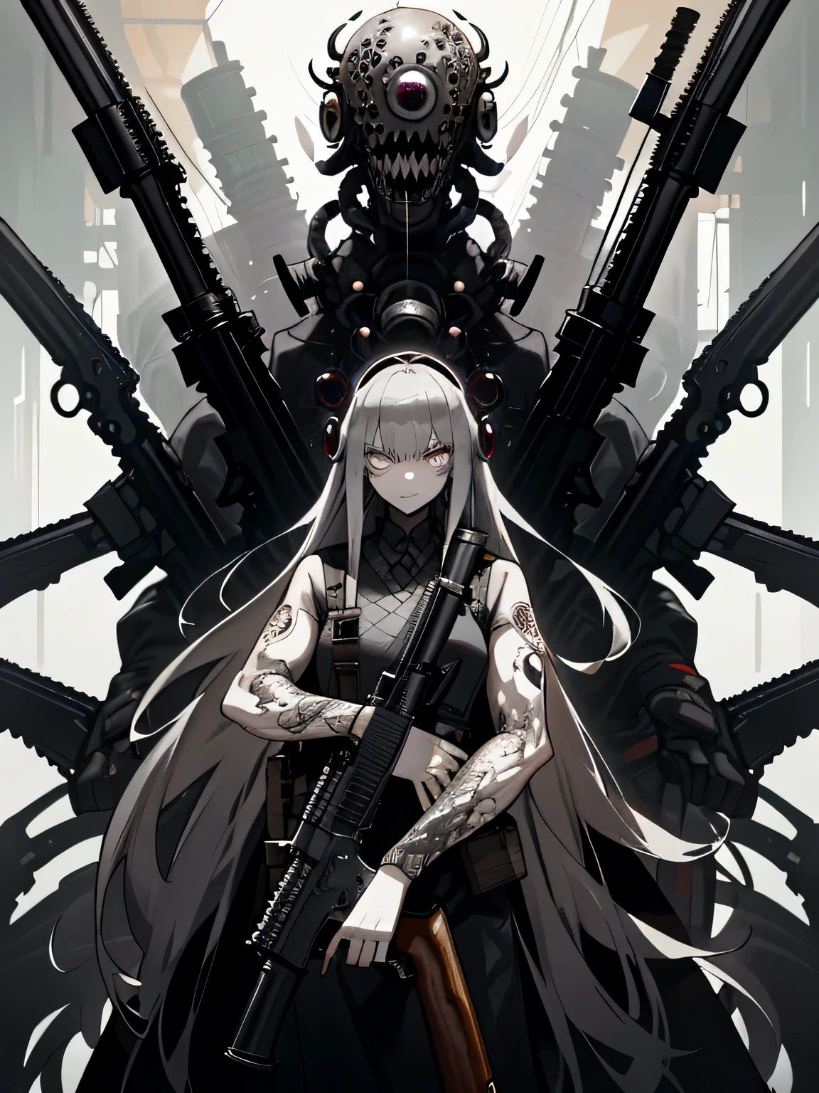 horror art, tentacles horror biopunk art, darkness machine gun girl, ((gray-ash skin)), ink black oil eyes, 詳細な目, ((many rifles and pistols)), ((massive rings on hands)), A lot of hands, (holds pistols and rifles), a lot of black liquid, giant biopunk skyscraper, Hopeless art, dawning, morning