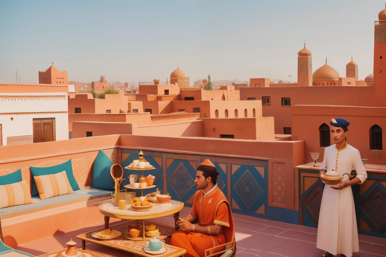 January 2023. Rooftop Tea Party in Marrakech, Morocco.
Description: Characters gather for a whimsical rooftop tea party overlooking the vibrant cityscape of Marrakech. The ornate tea set and eclectic attire bring a touch of Wes Anderson's visual style to this January scene.