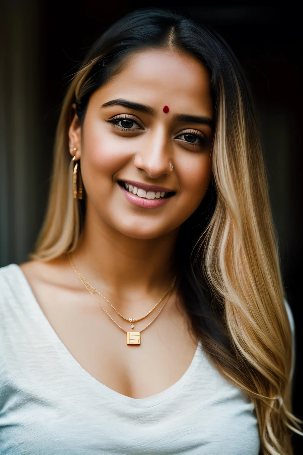 Anushka Shetty, Realistic photo of a beautiful 4m4nd4s-v2 woman, 1girl, solo, long hair, looking at viewer, smile, (((blonde hair))), shirt, jewelry, upper body, teeth, necklace, grin, lips, portrait, realistic, soft lighting, professional Photography, Photorealistic, detailed, RAW, analog, sharp focus, 8k, HD, DSLR, high quality, Fujifilm XT3, film grain, award winning, masterpiece