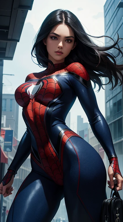 Browsing Caution:1.4、((Cowboy Shot))、Mature Woman、(masterpiece, Highest quality), Intricate details, 8K, 1 Girl,((Blunt bangs))、Black Hair,((Spiderman Suit)),Skyscraper, city, building,street,((Delicate painting)),(Detailed RAW photos of girls),(Highest quality:1.6), (Ultra-high resolution:1.5), (Realistic:1.75), 8K resolution, Canon EOS R5, 50mm, Confused, Very detailed,Cinema Lighting、(((Super big breasts)))、Spread your legs、The abdomen is visible、((another々Suit))、Spider knee-high socks、Sexy pose、spiderman bikini、(((A torn and tattered suit:1.1)))、((After the battle))