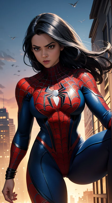 a superhero dressed as Spider-Man, exuding confidence and power, no mask on. The print features a woman in a swimsuit-style Spider-Man costume. Cabelo ruivo. Vibrant and dynamic style, with solid colors and defined contours. the background is dark, highlighting the heroine. Design em 2D, created digitally with painting technique. No distortions or imperfections. Ideal for superhero fan t-shirts. Centralized composition, foco na personagem. 8K分辨率, dimensions of 2040x2040 pixels. Engine 5 Graphics Engine. Design vetorial para estampar camisetas. 
Evite retratar a personagem de forma exageradamente sexualizada. Keep female representation strong and respectful, emphasizing her role as a superhero. Evite elementos poluentes ou imagens ofensivas. Ensure a balanced and coherent aesthetic with the Spider-Man universe.