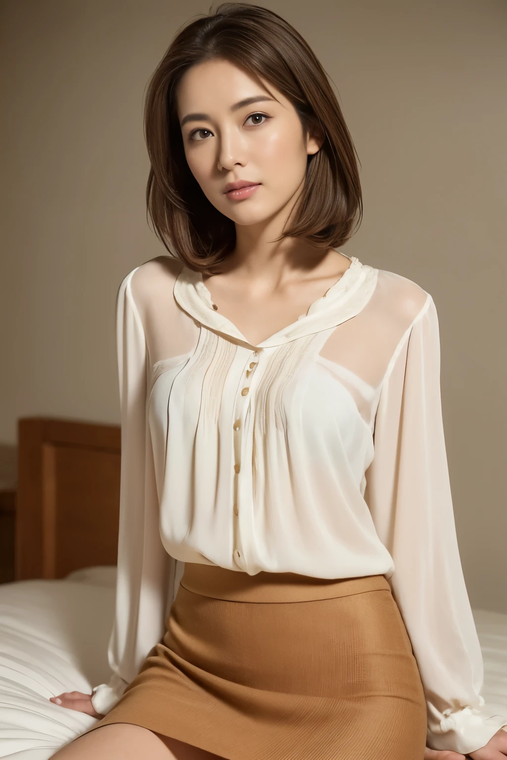 masuter piece, top-quality, masterpiece, hight resolution, Photorealsitic, Raw photography, 8k wallpaper, flawless, profetional lighting, ighly detailed, depth of fields, ((One beautiful woman)), ((25 year old woman is sexy, Bedroom, ((blouse, tight skirts,)), ((See the viewer's eyes)), Detailed face, beautidful eyes, (Sit in a good posture), bangss, small breasts of good shape, Light Brown Straight Hair, Faint lips,cowboy shot