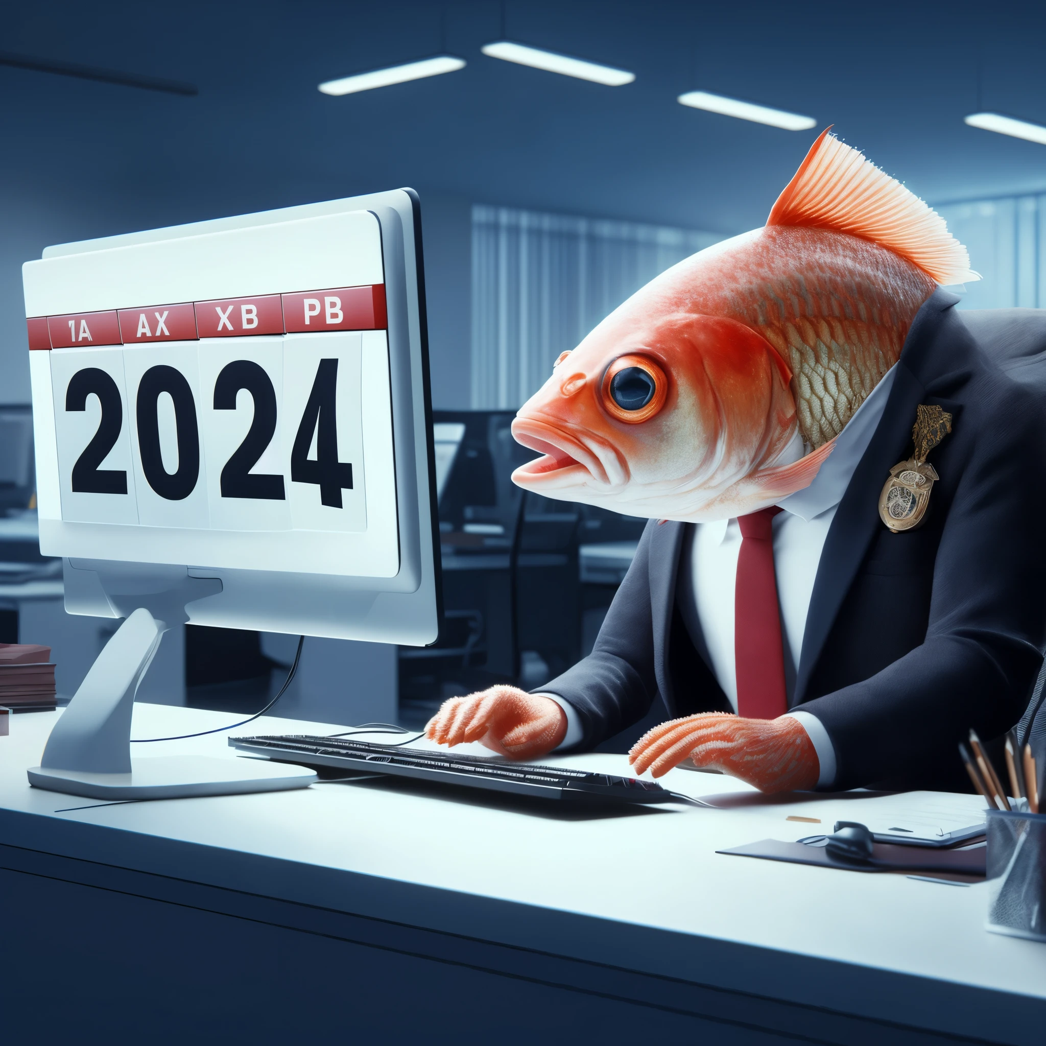 Dressed up fish - bank employee sitting at a computer terminal, large date on the calendar: '2024', festive New Year setting, anatomically correct, full frame, studio lighting, photorealistic, octane render, smooth, sharp focus, super quality, stunning New Year illustration
