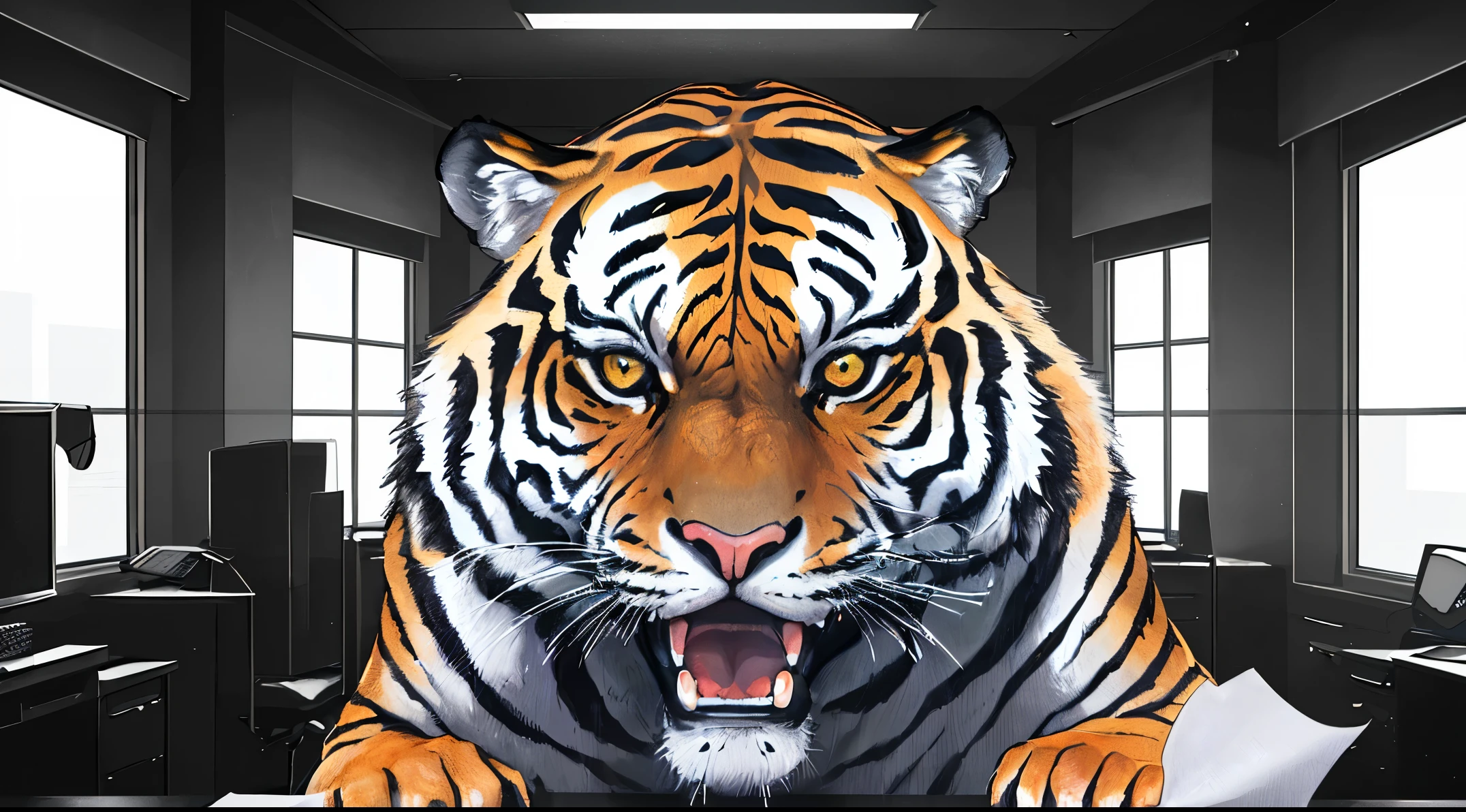 tiger humanoid,angry,Scream,formal office outfit,paper,computers,(best quality,4k,8k,highres,masterpiece:1.2),ultra-detailed,(realistic,photorealistic,photo-realistic:1.37),traditional painting,dark color tones,dramatic lighting