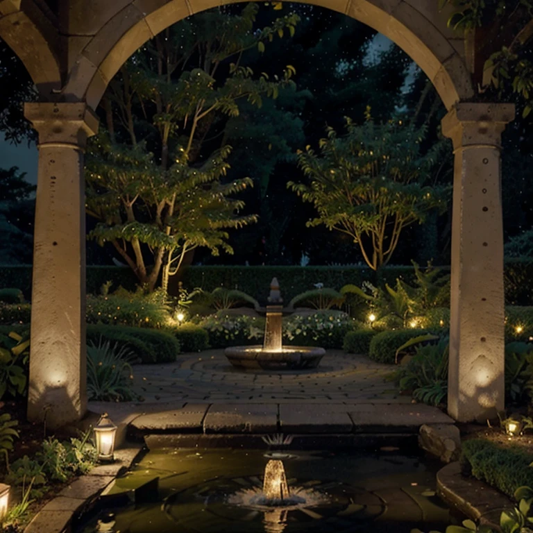 Um jardim encantador durante a noite, onde a lua derrama sua luz suave sobre cada elemento, criando uma atmosfera aconchegante e serena. Small fairy lights are delicately distributed among the foliage of trees and bushes., creating points of magical glow that dance in the darkness.
Caminhos de pedra serpenteiam entre canteiros de flores perfumadas, revelando detalhes das plantas e suas sombras suaves. Um banco de jardim, strategically placed under a trellis covered in vines, offers a peaceful refuge for those looking for a moment of contemplation.
Um pequeno lago reflete a luz da lua, creating a serene backdrop for the aquatic plants resting on the surface. The soothing sound of flowing water from a fountain adds a relaxing melody to the ambiance, proporcionando uma trilha sonora natural para a serenidade noturna.
Ao redor do jardim, flower pots exude delicate fragrances, while bushes and trees create soft shadows that dance in the night breeze. In some strategic points, lanternas antigas emitem uma luz suave, adding a vintage touch to the setting.
Neste jardim durante a noite, coziness and tranquility intertwine, inviting you to experience the silent and magical beauty of nighttime nature.