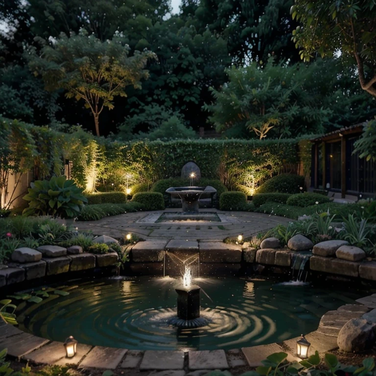 Um jardim encantador durante a noite, onde a lua derrama sua luz suave sobre cada elemento, criando uma atmosfera aconchegante e serena. Small fairy lights are delicately distributed among the foliage of trees and bushes., creating points of magical glow that dance in the darkness.
Caminhos de pedra serpenteiam entre canteiros de flores perfumadas, revelando detalhes das plantas e suas sombras suaves. Um banco de jardim, strategically placed under a trellis covered in vines, offers a peaceful refuge for those looking for a moment of contemplation.
Um pequeno lago reflete a luz da lua, creating a serene backdrop for the aquatic plants resting on the surface. The soothing sound of flowing water from a fountain adds a relaxing melody to the ambiance, proporcionando uma trilha sonora natural para a serenidade noturna.
Ao redor do jardim, flower pots exude delicate fragrances, while bushes and trees create soft shadows that dance in the night breeze. In some strategic points, lanternas antigas emitem uma luz suave, adding a vintage touch to the setting.
Neste jardim durante a noite, coziness and tranquility intertwine, inviting you to experience the silent and magical beauty of nighttime nature.