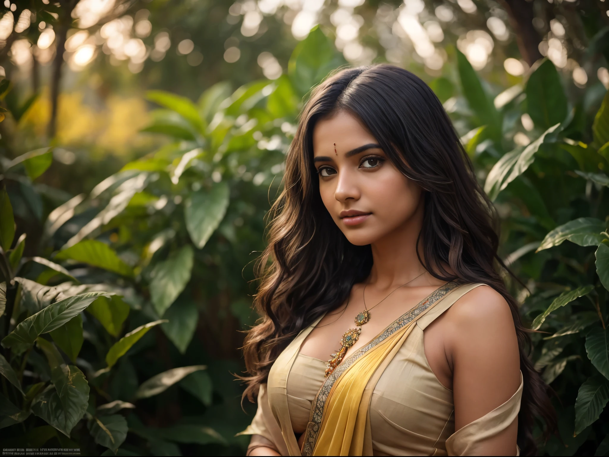 Young Indian woman, yellow saree, garden, detailed body, detailed face, ultra realistic, charming, cute, big hazel eyes with long curly hair, medium breast, perfect fingers, ambient lighting, winter, detailed background, 8k,The bokeh is perfectly framed, Hyperrealistic, Super detailed, 8K, High quality, trending art, trending on artstationh, Sharp focus, photographed, Intricate details, Highly detailed, art of greg rutkowski