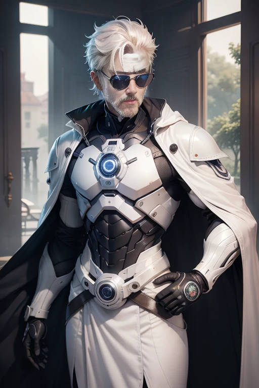 (​masterpiece), (top-quality), (ultra-detailliert), (Bust top)、Cybernetics Doctor, Crazy male cybernetics doctor、skinny  body、50 years old、white  hair、Wear mystical goggles、White coat、Delicate and fine, Incredibly high detail,Bright color palette, natural soft light,  background with pure colors, octan render,a gorgeous, ultra wide-angle, 8K, hard disk, realisitic、waist bending、