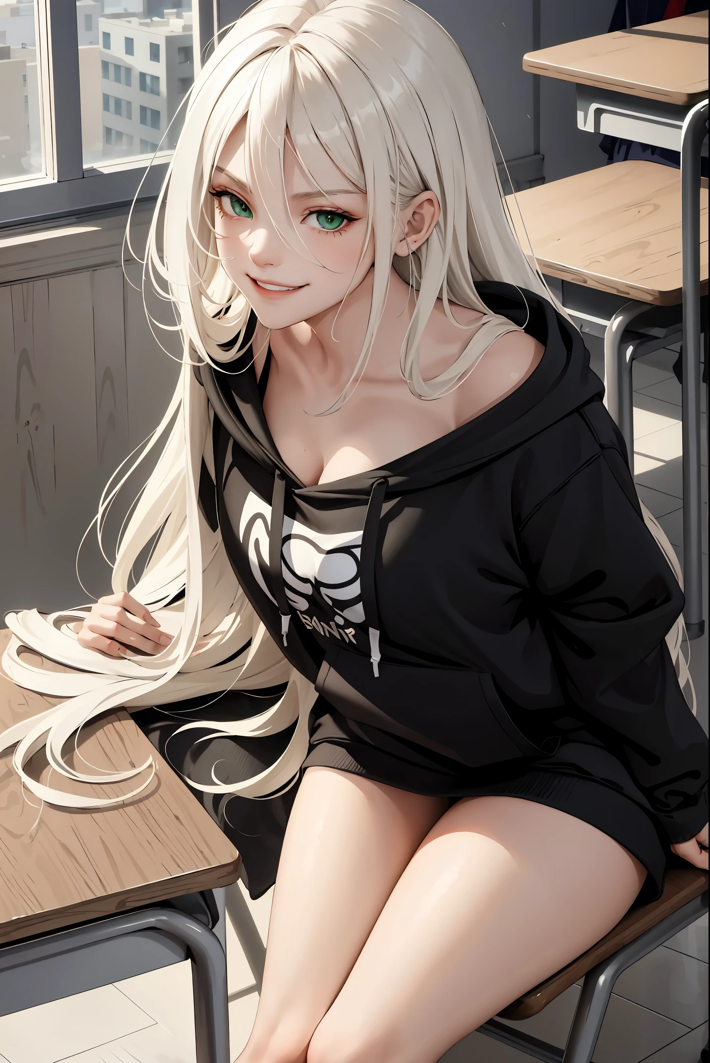 (masterpiece:1.2, best quality), (real picture, intricate details), 1lady, solo, upper body, showing legs, sitting down, school, school settings, long hair, minimal makeup, detailed face, smiling, really long light platinum blonde hair, bangs, hair between eyes, green eyes, big plump breasts, big ass, SFW, clothes, leggings, leggings pants, leggings, oversized hoodie, hoodie, leggings and hoodie, hoodie and leggings, (school classroom), (school), (cute), (innocent)