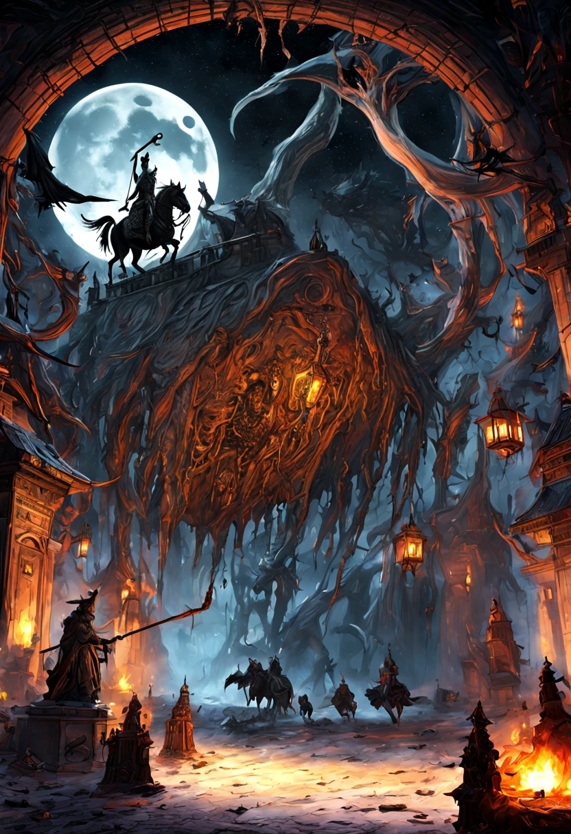 moon light,corpses hanging in cobwebs,kingdom,lock,fire,disgust,,That's incredible,Magic,people,torches,Critters,Statue,graveyard,dread,Demons,ghouls,King Lich,a sword,bronya,winter,ice,horse,