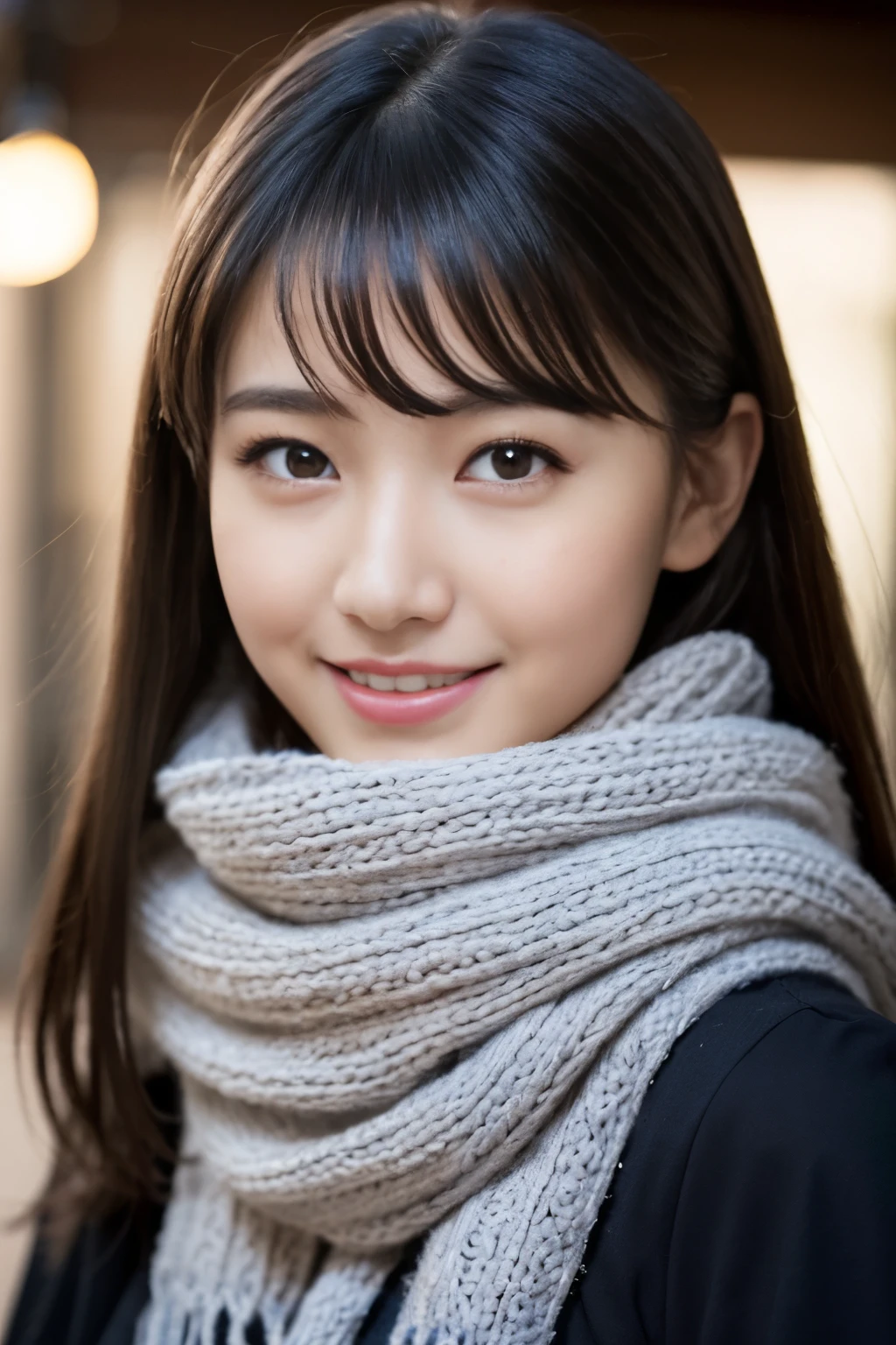 ((Show face only、Close-up of face、no-makeup))、(realisitic、Photorealsitic、ultra-detailliert、Highest Details Skins、top-quality、masterpiece、超A high resolution)、Cute Japan Woman、17 age、hi-school girl、younggirl、1 girl in、I have bangs、二重まぶた、drooing eyes、Large black eyes、Japanese style face、ssmile、Charming、purity、Cute smile、double tooth、View here、realisiticな肌質、Thick muffler、Grey muffler、fluffy hair、((Hair is inside the scarf:1.3))、Red cheeks、The wind is blowing、It's snowing、illuminations、Lighting from behind
