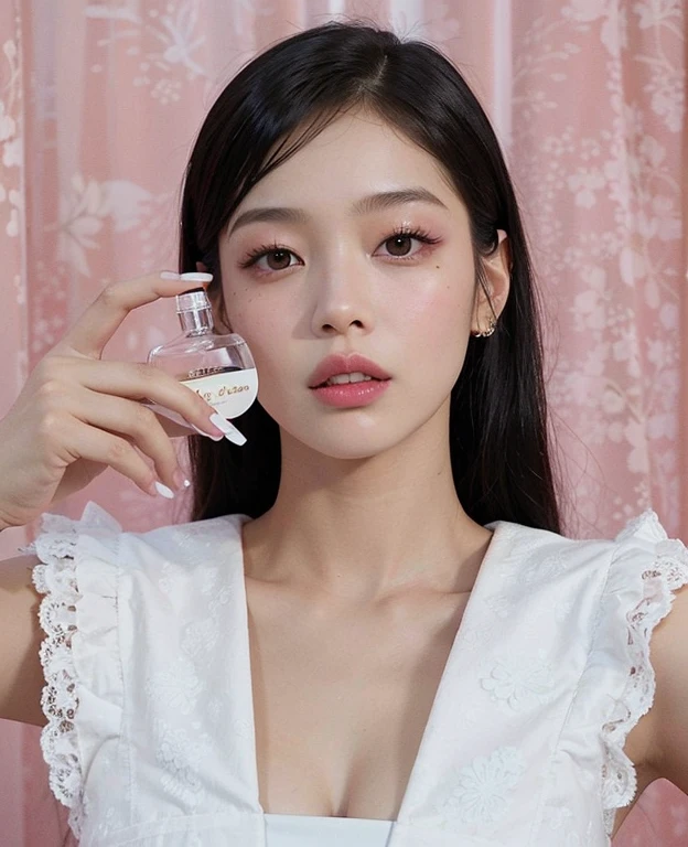 una mujer sosteniendo un frasco de perfume frente a su cara, Blackpink Jennie, perfume, Lalisa Manobal, Kiko Mizuhara, llevar un frasco de perfume, Jossi de Blackpink, Gongbi, Parque Roseanne de Blackpink, Lalisa Manoban de Blackpink, Dior campaign, maquillaje popular de Corea del Sur, Sha Xi, Lulu Chen, Minchen Shen
