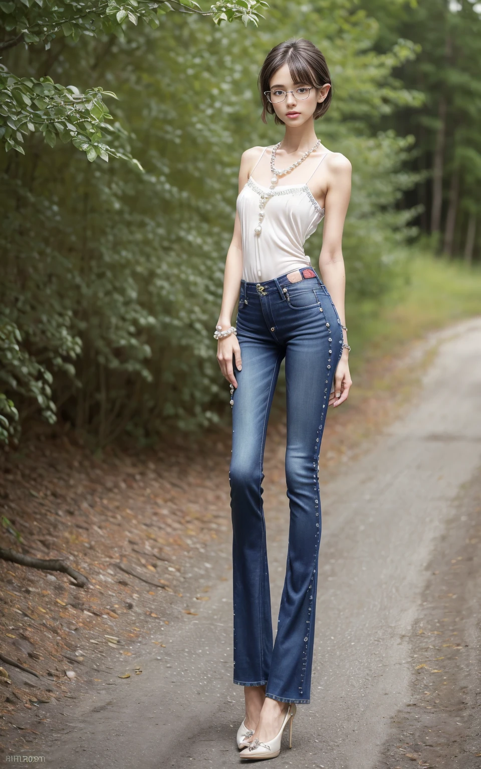 (8K, Masterpiece, RAW photo, Best quality, detail:1.3), (ultra realistic Natural background, scenary:1.5), Depth of field, Cinematic light, (ultra realistic face), (1 picture of 1 solo girl Airim Jones:1.6), 1girl, (Beautiful and elegant Russian girl), (skinny girl with glasses), (European face:1.3), (perfect complete full body:1.6), (full body shot including shoes:1.6), (perfect [frontal view|side profile|back profile]:1.5), (small necklace, collarbone:1.1), ( [bangs|pigtails|bob|pixie] hair:1.5), (ultra detailed skin:1.4), (sexy red minitop:1.5), (soft fabric miniTop:1.5), (Pearl Embellished Jeans:1.6), (perfect standing pose:1.5), (perfect long legs:1.4), (low rise jeans:1.5), (low waisted jeans:1.5), (perfect shoes:1.5), (perfect feet:1.5)