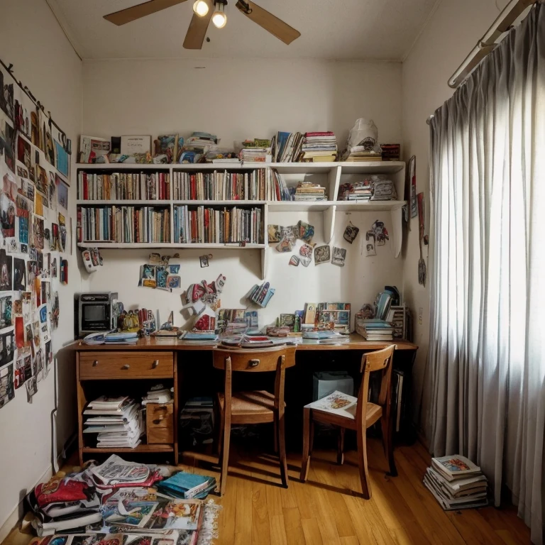 Um quarto de adolescente vazio, mergulhado na penumbra da noite. A desordem reina, with clothes thrown haphazardly on the floor, forming a chaotic quilt of colors. A cama, desfeita e desalinhada, exibe seu edredom amarrotado, testemunha de noites agitadas. The posters and photographs on the walls remain uninhabited, tilted at irregular angles. Uma estante abarrotada de livros, DVDs and personal objects are at the mercy of abandonment, with some items on the verge of falling. Dim light from a desk lamp reveals a desk littered with papers, pens and a small collection of trinkets. O carpete, almost invisible under the confusion, acrescenta um toque desleixado ao ambiente, while the half-open curtains allow a faint night light to filter through. Neste quarto vazio e noturno, the mess remains as a silent testimony to the whirlwind of activities and interests that characterize a teenager's life, even in the physical absence of the occupant.