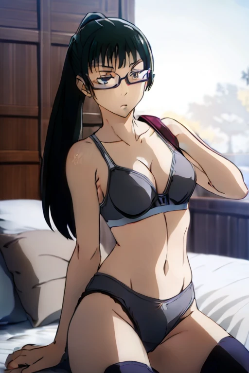 (Masterpiece, Photorealistic, high resolution), ((1girll):1.2), girl, (tankTop bra, Black Laces underwear (medium of breast):1.2, thighs), Lying on the bed, Grey Dolphin panties, Sexy figure, Intensely blushing. Lying on bed, Cameltoe, Stockings, Hot juicy Lips, sleep style or position, Laces underwear, holding breasts, frameless glasses
