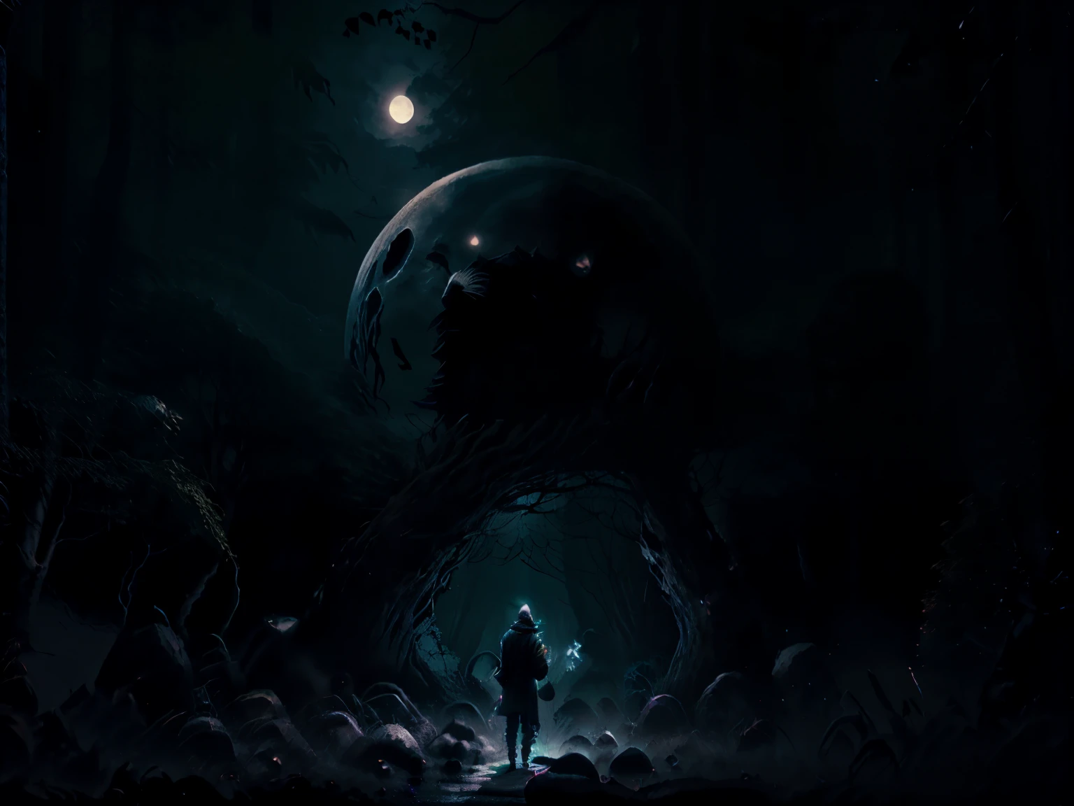 old man holding a lantern and walking in a dark forest, black creatures with white glowing eyes lurking around, night time, full moon, high quality definitions.