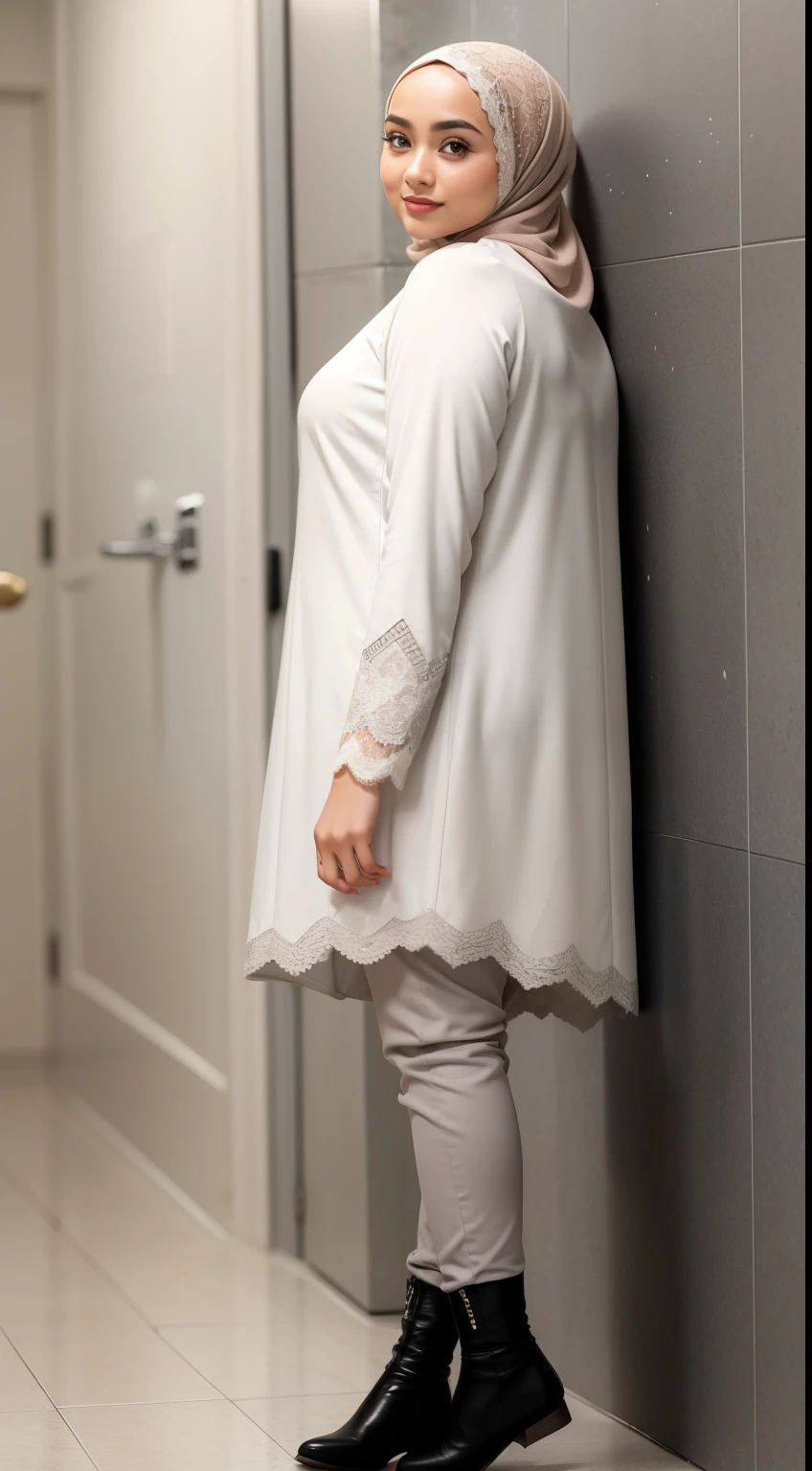 ((MALAY HIJAB GIRL)), GREY LACE, HIGH BOOTS ,
