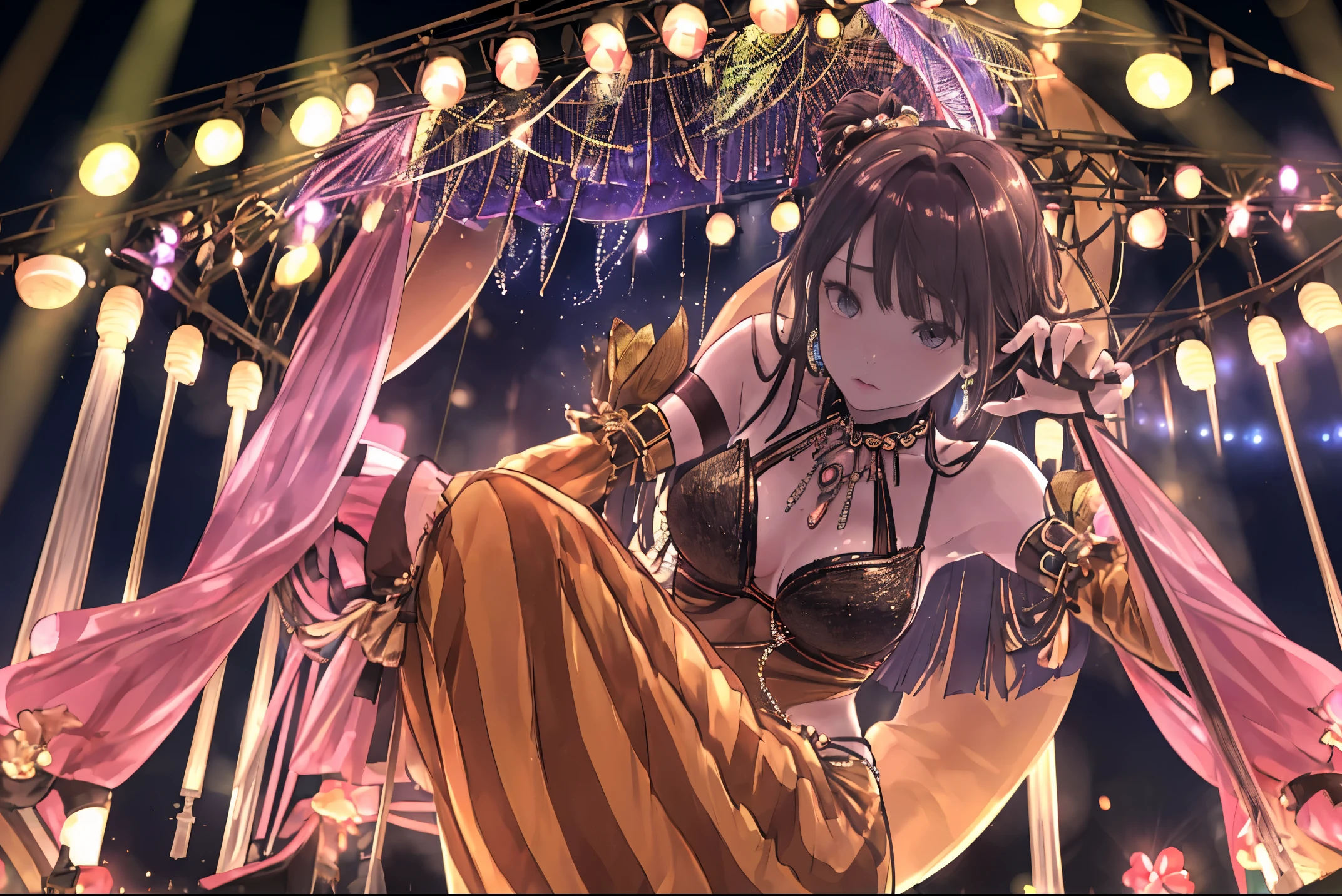 A girl in a tiger bra costume stands in the spotlight of a circus show. She exudes an air of confidence and allure, embodying the essence of a seductive prostitute. The intricate chain necklace around her neck accentuates her alluring presence. The stage is adorned with vibrant colors and dazzling lights, creating a mesmerizing atmosphere. The show is captured in a single shot, capturing the intensity and artistry of the moment. The image is of the highest quality (best quality, 4k, 8k, highres, masterpiece:1.2), with ultra-detailed features and a realistic, photorealistic effect (realistic, photorealistic, photo-realistic:1.37). The overall color tone is vibrant and captivating. The lighting design enhances the girl's silhouette, casting an enchanting glow on the scene.