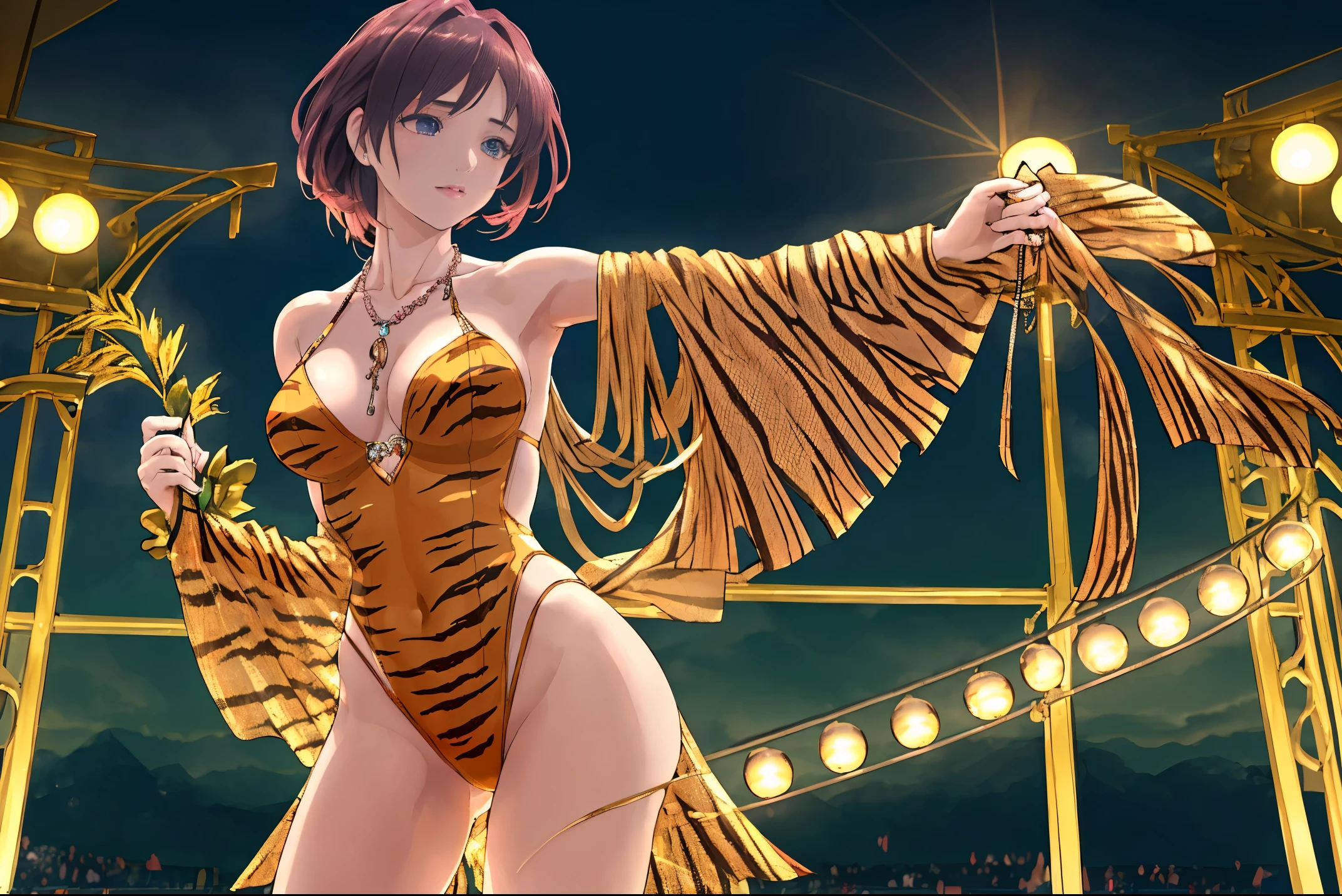 A girl in a tiger bra costume stands in the spotlight of a circus show. She exudes an air of confidence and allure, embodying the essence of a seductive prostitute. The intricate chain necklace around her neck accentuates her alluring presence. The stage is adorned with vibrant colors and dazzling lights, creating a mesmerizing atmosphere. The show is captured in a single shot, capturing the intensity and artistry of the moment. The image is of the highest quality (best quality, 4k, 8k, highres, masterpiece:1.2), with ultra-detailed features and a realistic, photorealistic effect (realistic, photorealistic, photo-realistic:1.37). The overall color tone is vibrant and captivating. The lighting design enhances the girl's silhouette, casting an enchanting glow on the scene.
