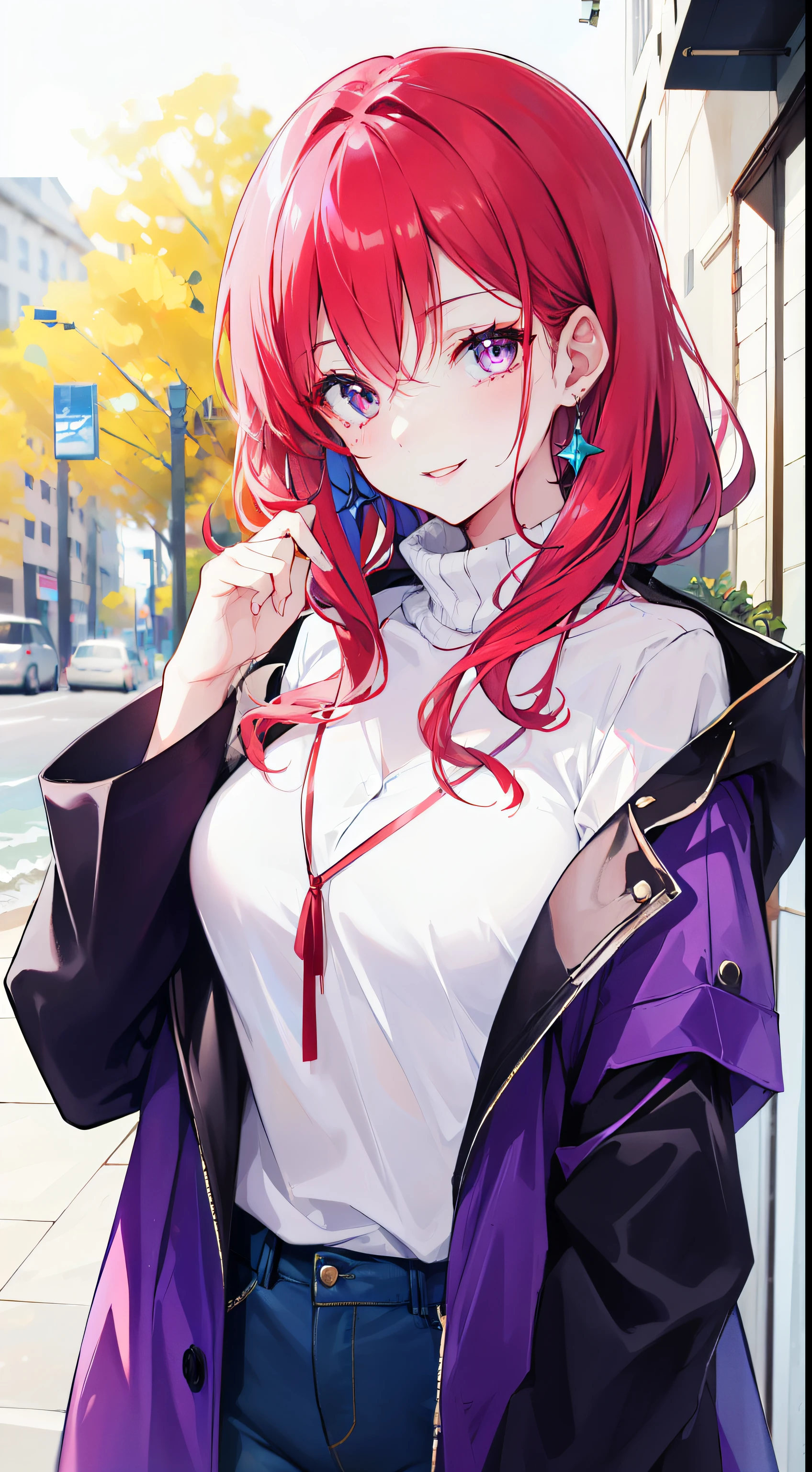 "A girl, with vibrant red hair, glow purple eyes, wears black 60s coat and she smiling warmly."
