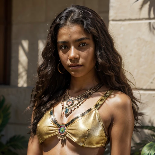 A beautiful Aztec girl, , beautiful body, beautiful well-defined eyes, light brown skin, perfect thighs, dark curly hair, plume of feathers, shiny gold Aztec necklace, 13 years oldace, black xoloescuintle dog next door, Hyperrealistic, 4k, full HD