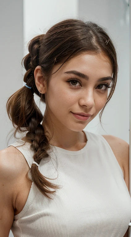 the entire body from head to toe is recommended a woman with brown hair in an ice Park ,:: ,:: madison beer, streaming, pigtail, photorealistic - , 🎀 🧟 🍓 🧚, see, live2d, looks like laura barriales, —ar 9:16, sam nassour, 5 0 s, insanely cute, frontal close up, in tokio, straight eyebrows and long white dress and a big smiley