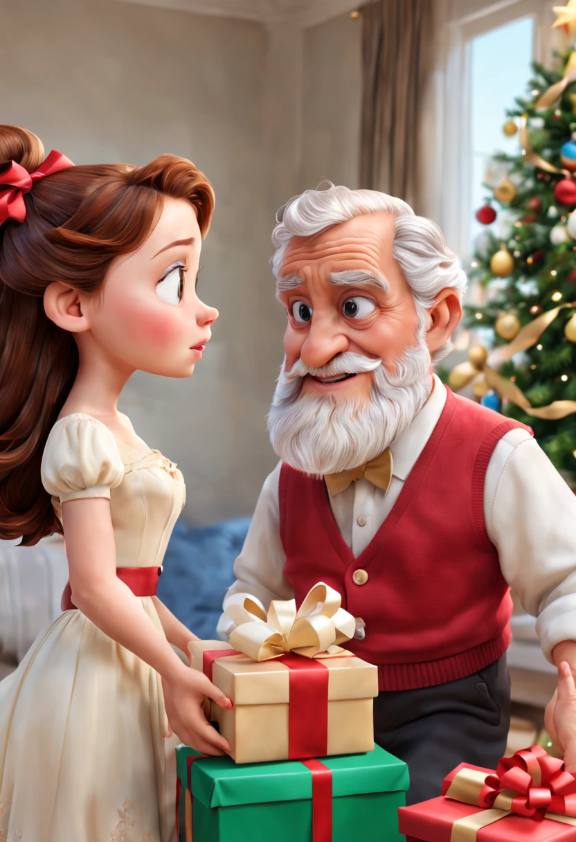 (best quality, 4k, 8k, high resolution, masterpiece: 1.2), ultra detailed, (realistic, photorealistic, photorealistic: 1.37), intricate details, Disney cartoon style, a loving grandfather delivering a Christmas gift to his 3 grandson