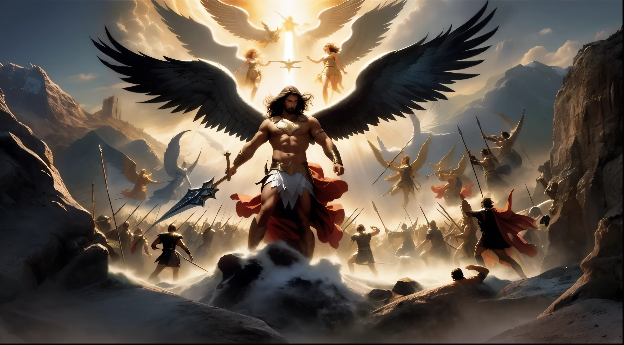 The image encapsulates the celestial epic of the Fallen Angels, Nephilim, the Flood, and the conquest of Canaan—a timeless narrative echoing through the ages. It challenges us to reflect on our vulnerability to sin and acknowledge the constant need for divine grace. In a world where the forces of good and evil persist in their clash, we are reminded, like the fallen angels, of daily choices between sin and righteousness. The visual narrative poignantly conveys the ongoing spiritual struggle, inspiring us to remain vigilant, humble, and faithful on the collective journey we all share. High definition image, highly colorful image, super detailed image.