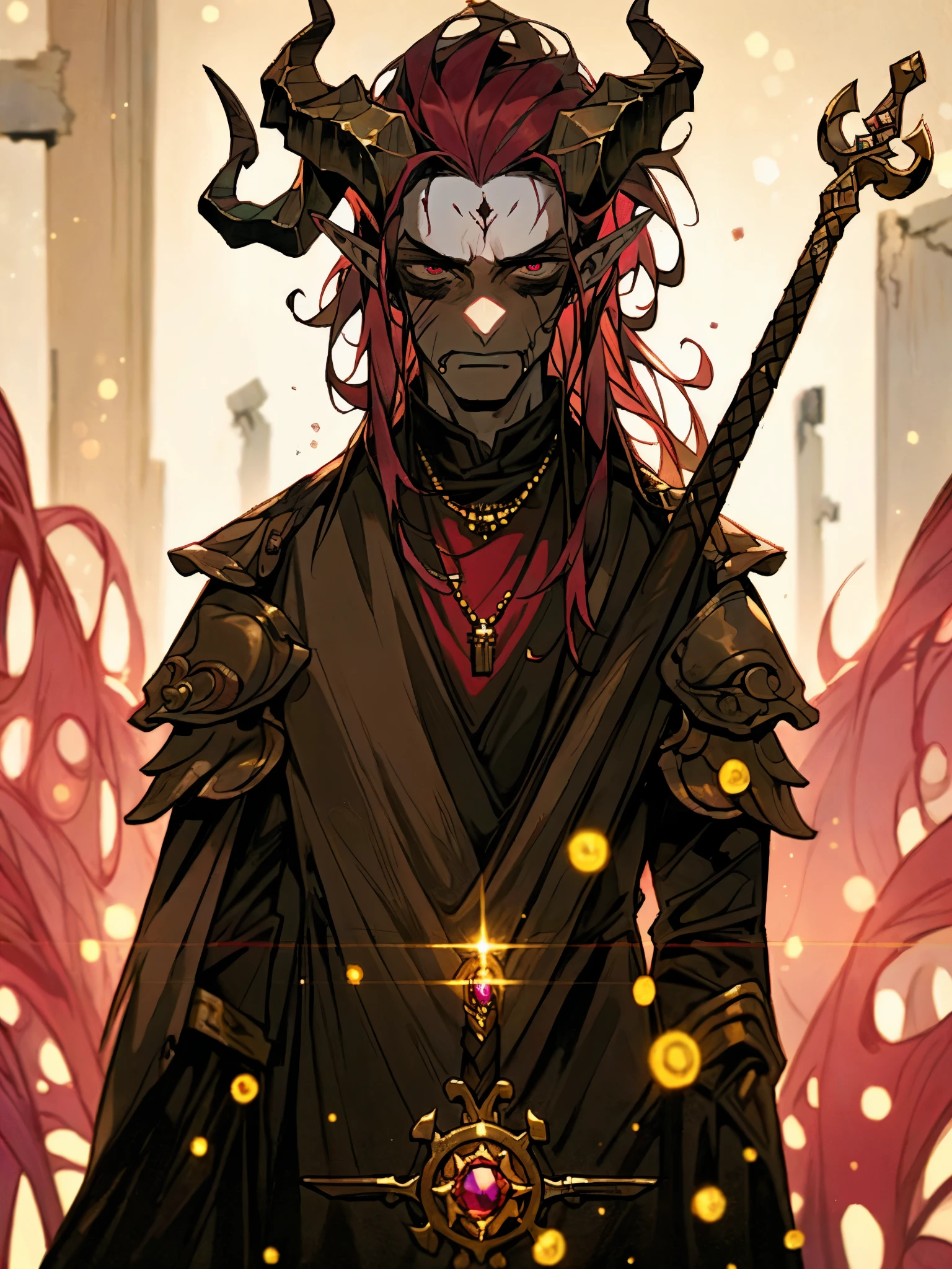 ((Masterpiece, best_quality)) Male elf warrior, neutral_expression, long_messy_maroon_hair, black_demon_horns_extend_from_forehead_sweeping_backwards, sickly_green_tired_eyes, pointy_ears, pale_white_skin_with_heavy_scaring, wearing_onyx_armour_and_a_gold_amulet_with_ruby_gem_in_center, standing_in_ancient_ruins_exploring, dark_environment, glaive_strapped_to_back, bokeh, upper_body,