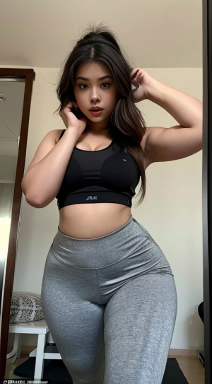 Illustrate the dedication of the Malay girl as she wears sleek activewear for her daily workout routine, emphasizing her petite physique, with the focus on her determination and athletic attire