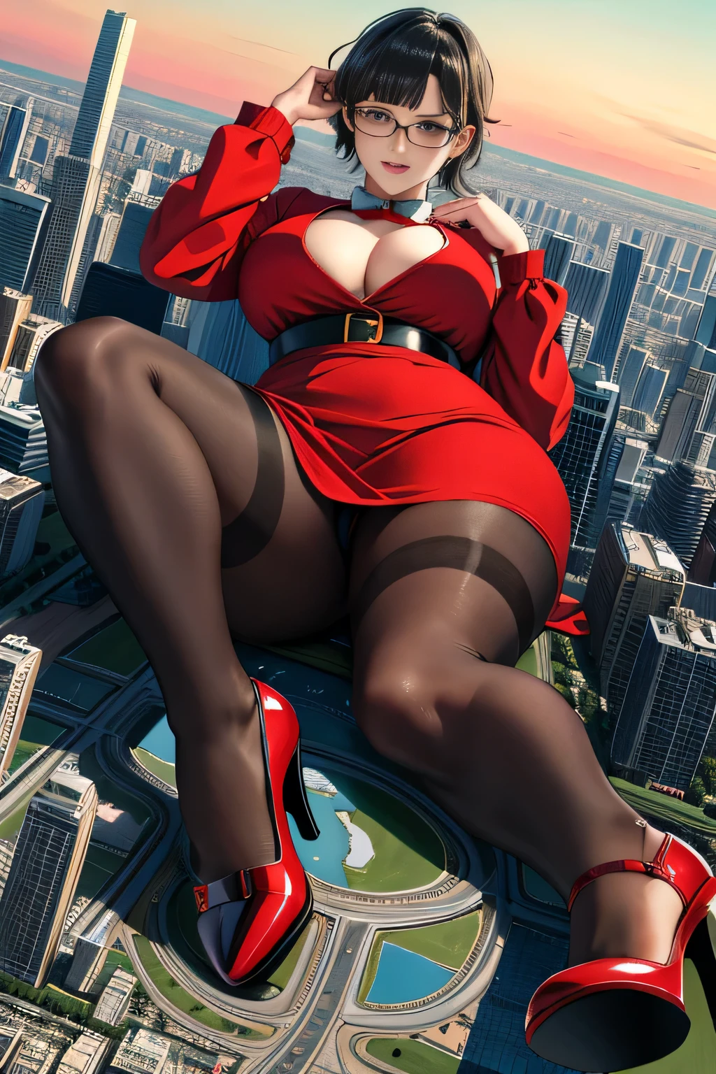 der riese art, 非常に詳細なder rieseショット, der riese, Shorthair, Giant woman bigger than a skyscraper, Wearing rimless glasses, Colossal tits, Big ass, Red Santa Dresses, Black pantyhose, Her shoes are high heels and stiletto red sandals., very small metropolis, Trying to destroy a miniature metropolis, Full body depiction, nffsw, giga der riese, der riese, Black pantyhose, Stomping City,crash city,Small town,micro city,