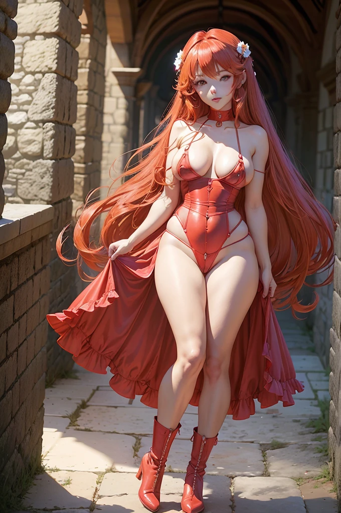 Rias Gremory. Pelo rojo. cabello largo y rizado. gargantilla. small breasts. caderas gigantescas. . arco. vestido de novia de flores. Botas hasta el muslo