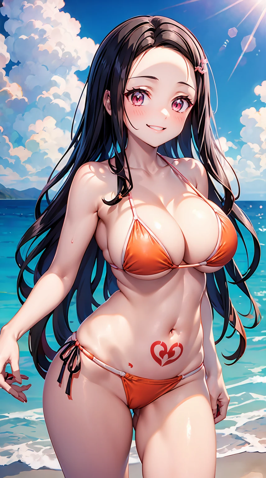 Silm anime girl with black hair and tatto on chest topless standing in a bikini by the beach 1girl, swimsuit,huge breasts, bikini, beach, outdoors, solo, navel,orange bikini,tight and thin bikini, day, long hair, sky, looking at viewer, smile, cleavage, large breasts,