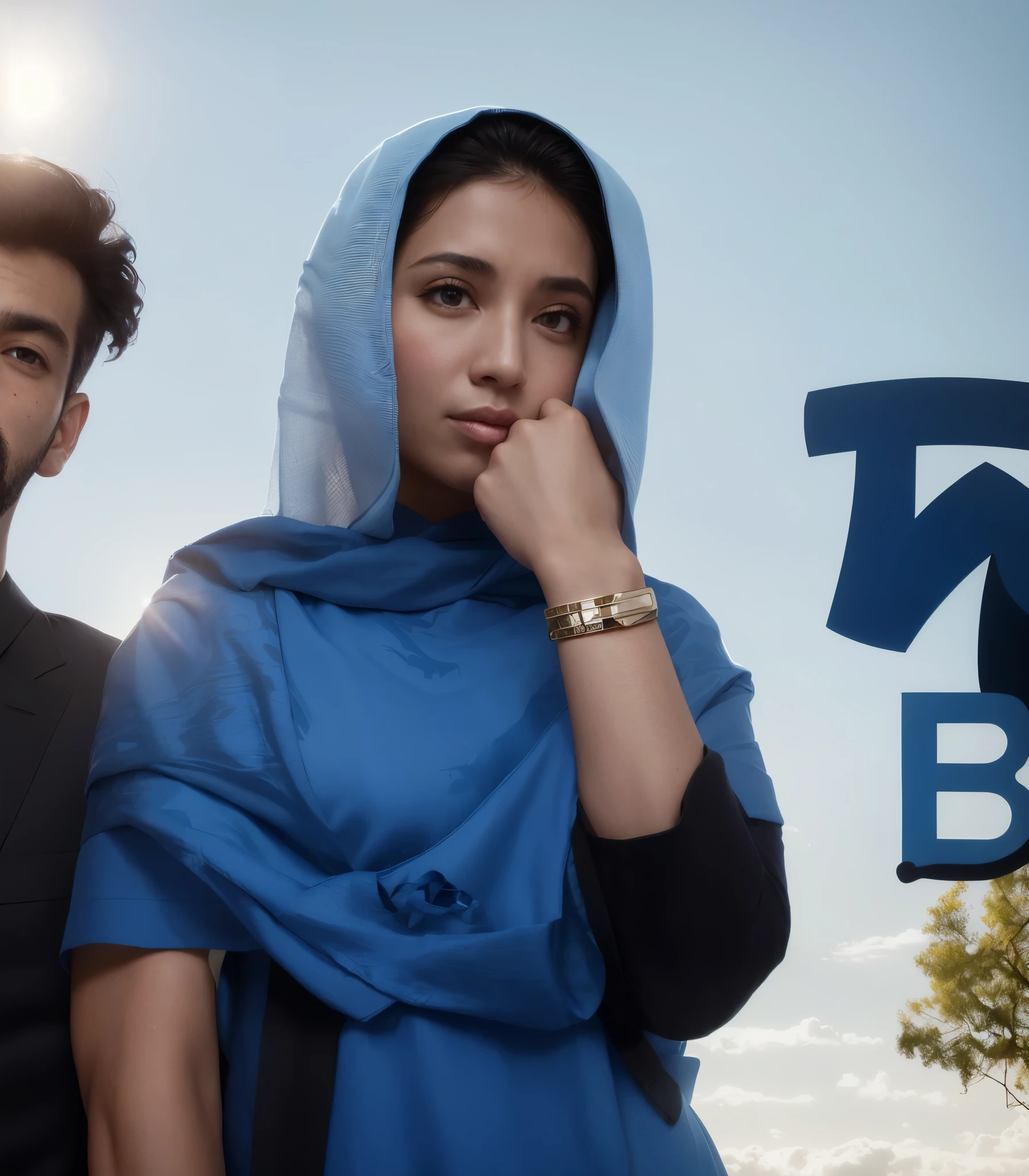 arafed image of a man and a woman standing in front of a blue sky, inspired by Sarper Baran, badass composition, basic background, music video, bangladesh, profile picture 1024px, new song, by Sarper Baran, smooth in _ the background, background is heavenly, bast, background bar, profile pic, bad looking