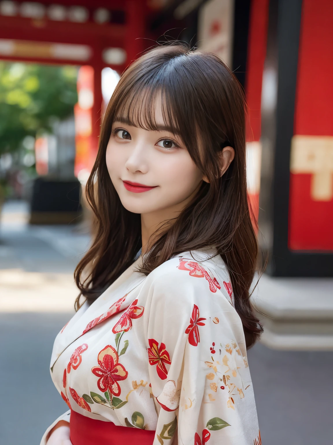 masutepiece, Best Quality, Illustration, Ultra-detailed, finely detail, hight resolution, 8K Wallpaper, Perfect dynamic composition, Beautiful detailed eyes, She wears a red kimono,Medium Hair,Natural Color Lip, Bold sexy poses,Smile,Harajuku、20 years girl、Cute、Sexy shot looking at camera、C Cup、Brown hair、cacique#39;s face、Blurred shrine background