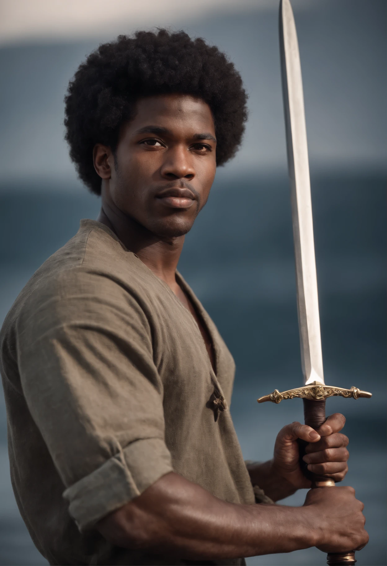A black male aged with Afro hair 19 joining the navy holding a sword