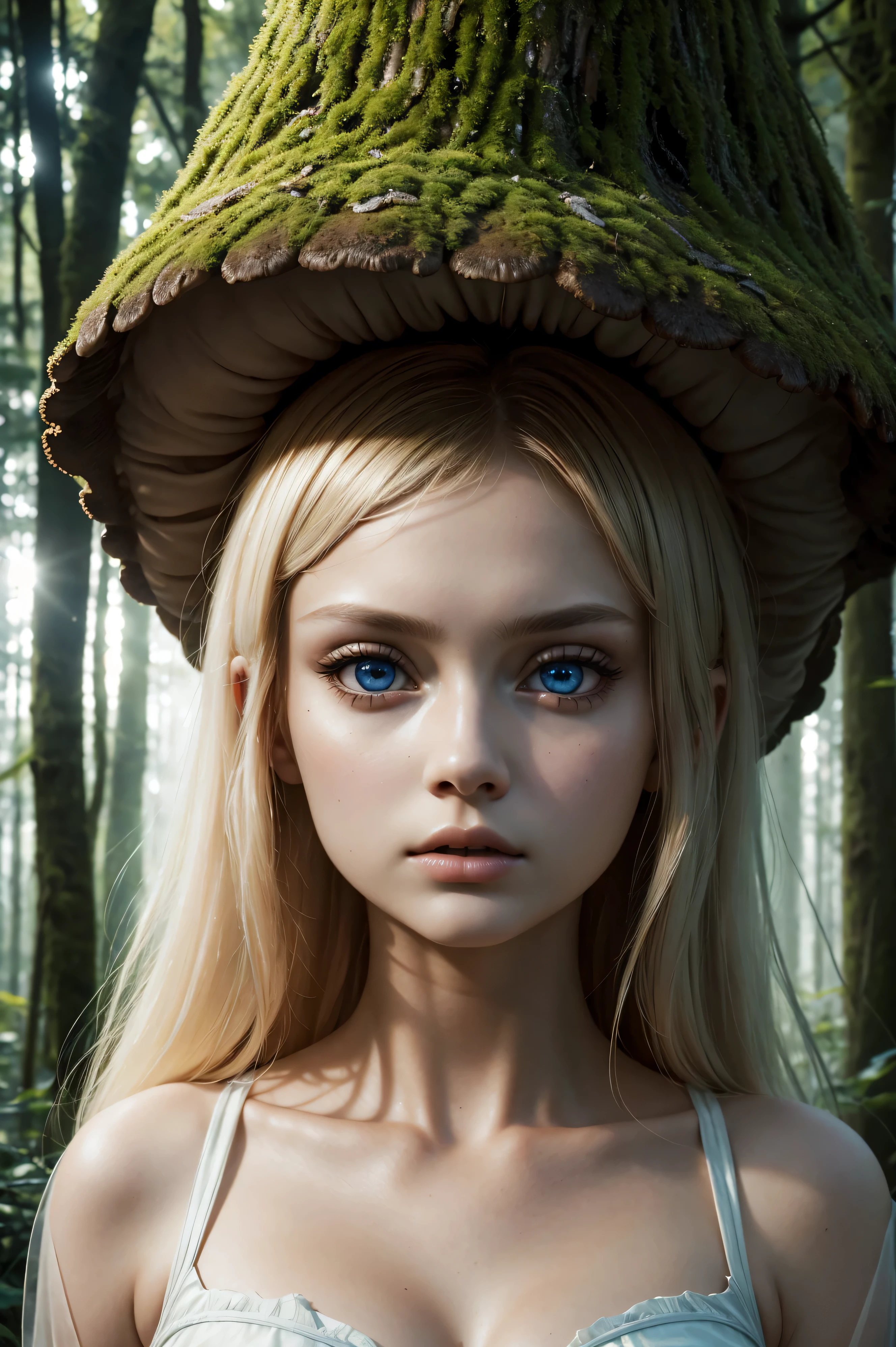 a small fairy girl in a mushroom forest, detailed face, beautiful eyes and lips, long eyelashes, intricate mushroom houses in the background, vibrant colors, magical atmosphere, fantasy art, digital painting, 8k, masterpiece, photorealistic