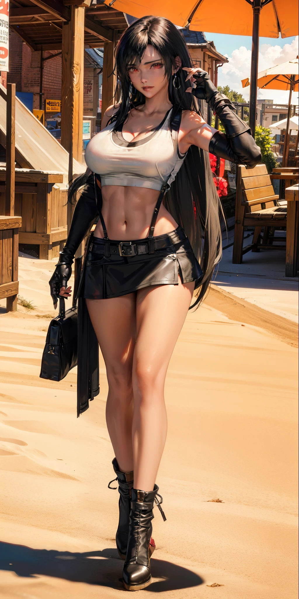 masterpiece, best quality,3d rending work ,3DMM style,close-up, 3D,1girl, solo, black hair, teardropshaped earrings, realistic, (full body:1.5), beach background,sand, sea, bangs, long straight black hair, parted lips, choker, makeup, (white tank top:1.3), (black miniskirt:1.3), red ankle boots, earrings, gloves, (red eyes), tifa lockhart, (large breasts:1.5), cleavage, exposed stomach, toned abs, toned arms, slim, thin figure, long legs, posing, smiling, happy