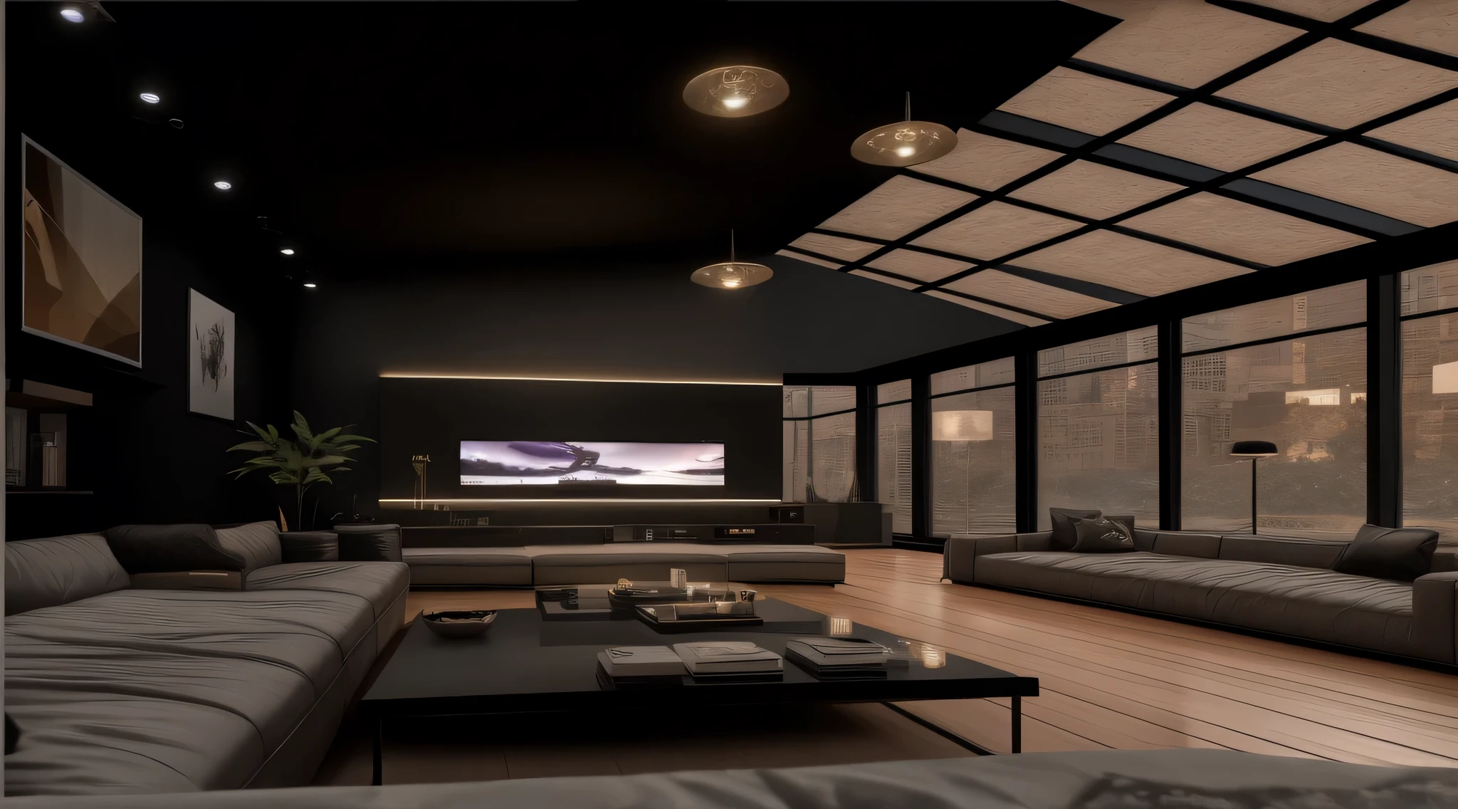 fed&#39;The living room has a large sofa and a flat-screen TV, vray 8k rendering, 8k vray rendering, realistic 8k render, dark interior, Detailed and lifelike 8K, cinematic accent lighting, Apartment with black walls, HDR rendering in Unreal Engine 5, 8K landscape rendering, High detail 8K, High detail 8K, unreal 5 engine render