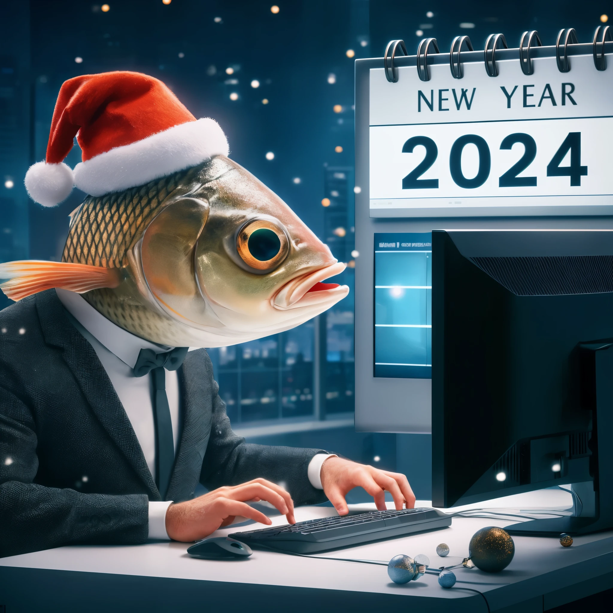 Dressed up fish - bank employee sitting at a computer terminal, large date on the calendar: '2024', festive New Year setting, anatomically correct, full frame, studio lighting, photorealistic, octane render, smooth, sharp focus, super quality, stunning New Year illustration