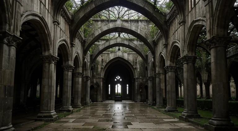 a gloomy Gothic cloister with a garden and leafless trees, a gloomy and dark and foreboding sky,