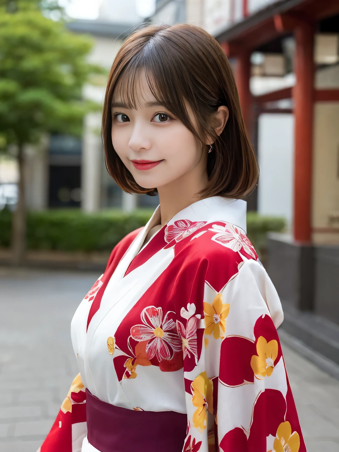 masutepiece, Best Quality, Illustration, Ultra-detailed, finely detail, hight resolution, 8K Wallpaper, Perfect dynamic composition, Beautiful detailed eyes, She wears a red kimono,Medium Hair,Natural Color Lip, Bold sexy poses,Smile,Harajuku、20 years girl、Cute、Sexy shot looking at camera、C Cup、Brown hair、cacique#39;s face、Blurred shrine background