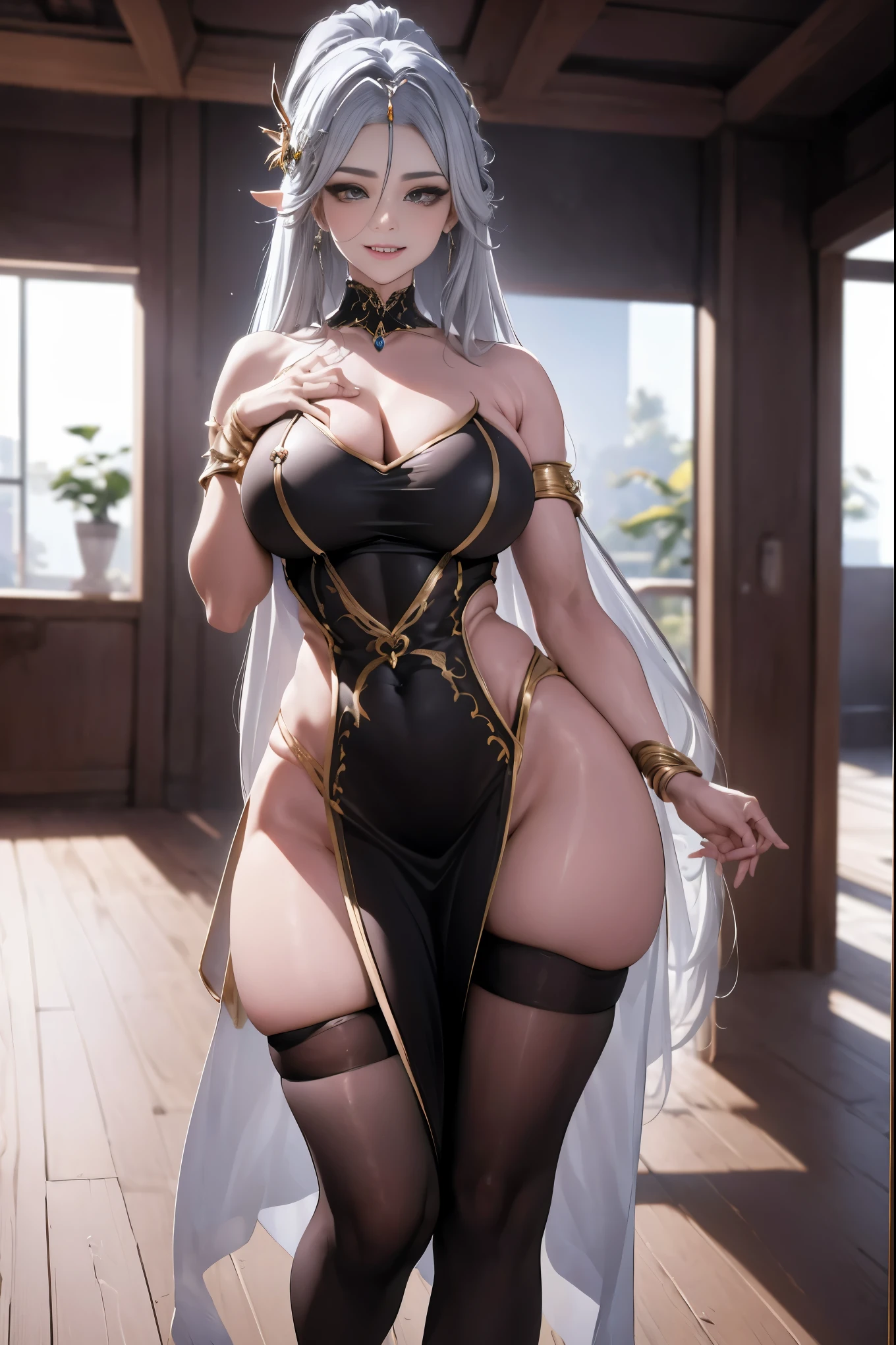 1 mulher, mulher madura, cabelos prateados, silver hair, Beautiful, mulher bela, corpo com curvas, seios grandes, bunda grande, botas de coxa, vestido super curto, decote, sorriso sedutor, corar, maquiada, jewelries, brincos, colar, pulseiras, alta qualidade, extremamente bela a imagem, 8k, 16k, ray tracing, obra-prima