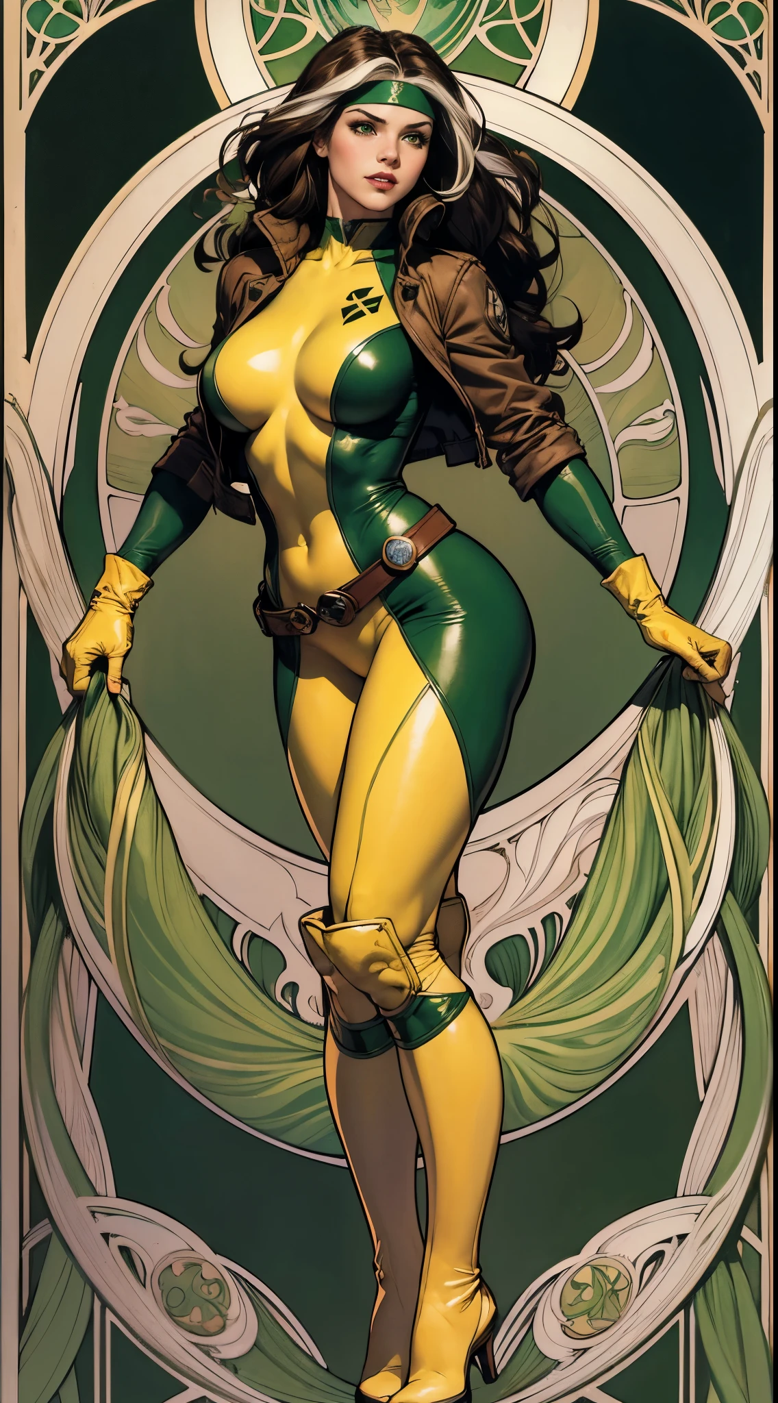 (masterpiece:1.0), (best_quality:1.2), Classic Rogue, 1991 Rogue X-Men, 1 girl, Only 1, full body view, medium length hair, brown hair, wavy hair, messy hair, one lock of white hair, green eyes, mischievous look, smirking, fit figure, curvy figure, medium breasts, lipstick, makeup, jacket, green headband, belt, yellow gloves, skin tight bodysuit, open jacket, light source from above, (realism: 1.5), (Realistic: 1.4), (Absurdity:1.4), 8k, ultra-detailed, Detailed Beautiful Woman, (Art Nouveau style), influence by John William Waterhouse and Alphons Mucha, circles, banners, background colors: green, gold, yellow, white, beige