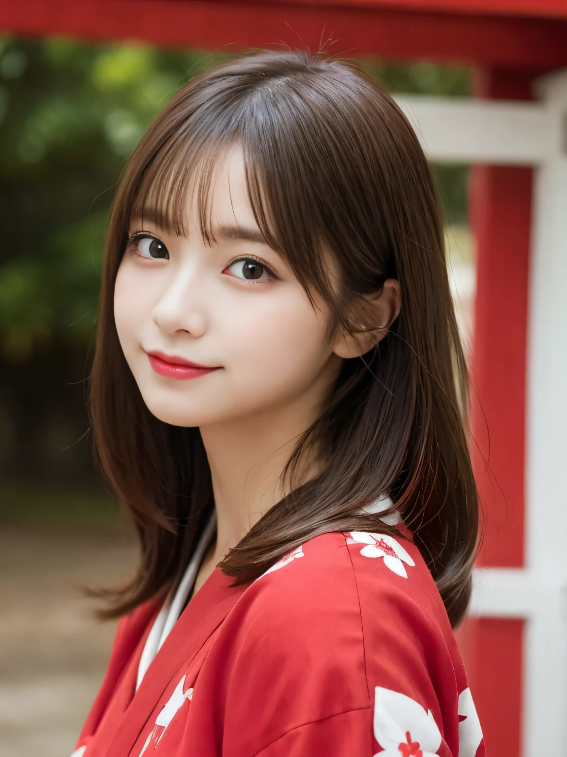 masutepiece, Best Quality, Illustration, Ultra-detailed, finely detail, hight resolution, 8K Wallpaper, Perfect dynamic composition, Beautiful detailed eyes, She wears a red kimono,Medium Hair,Natural Color Lip, Bold sexy poses,Smile,Harajuku、20 years girl、Cute、Sexy shot looking at camera、C Cup、Brown hair、cacique#39;s face、Blurred shrine background