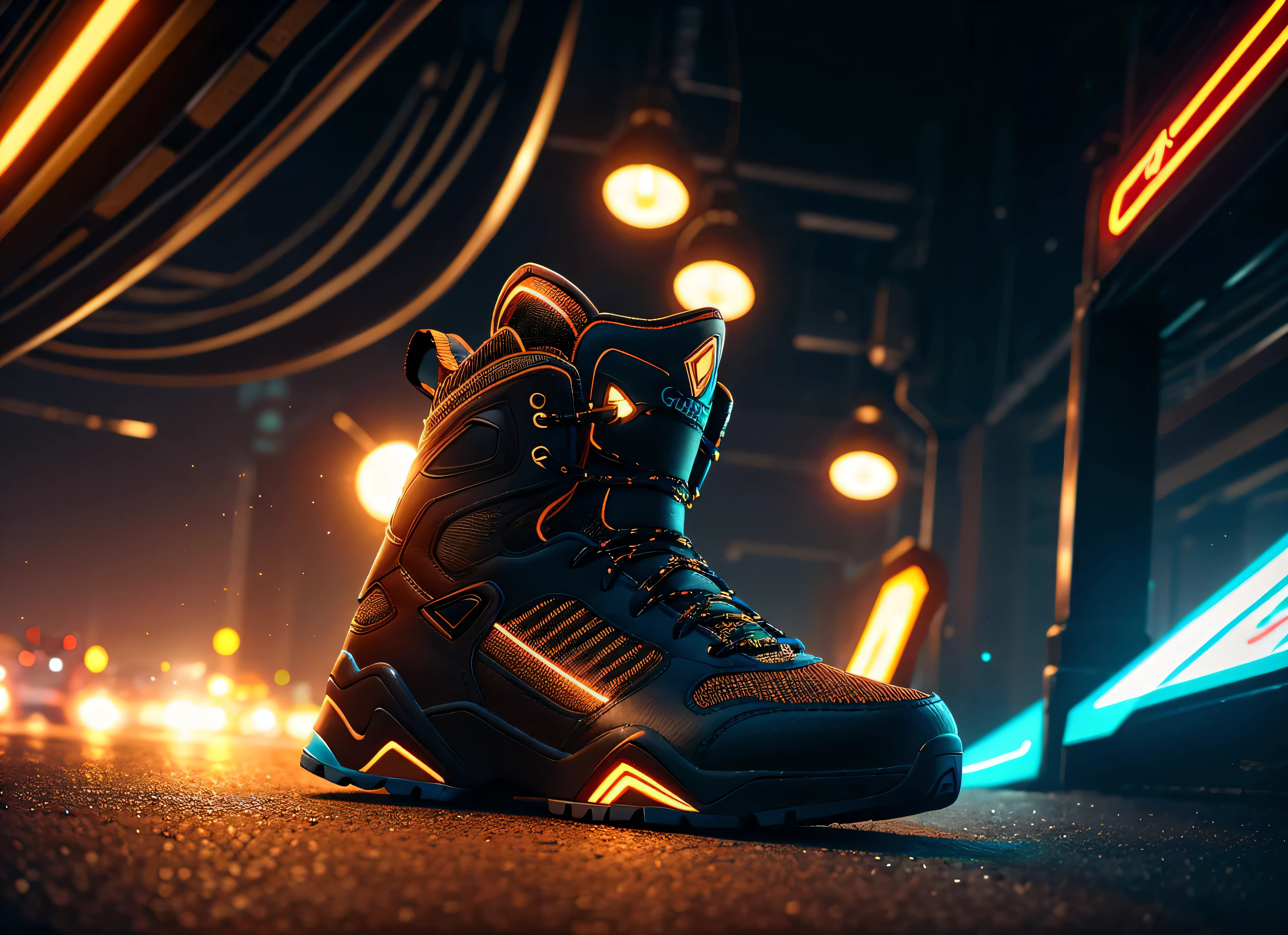 product photography of a cybepunk sneaker, epic rendering, octane, atmosphere, particles, soft volumetric lightacklit:1.3), (cinematic:1.3), intricate details of neon orange and black gold colors, detail,(side view),center of page